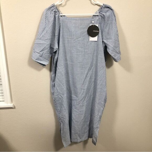 Mittoshop NWT Blue White Striped Short Sleeve Crossback Mini Dress size medium - Picture 1 of 10